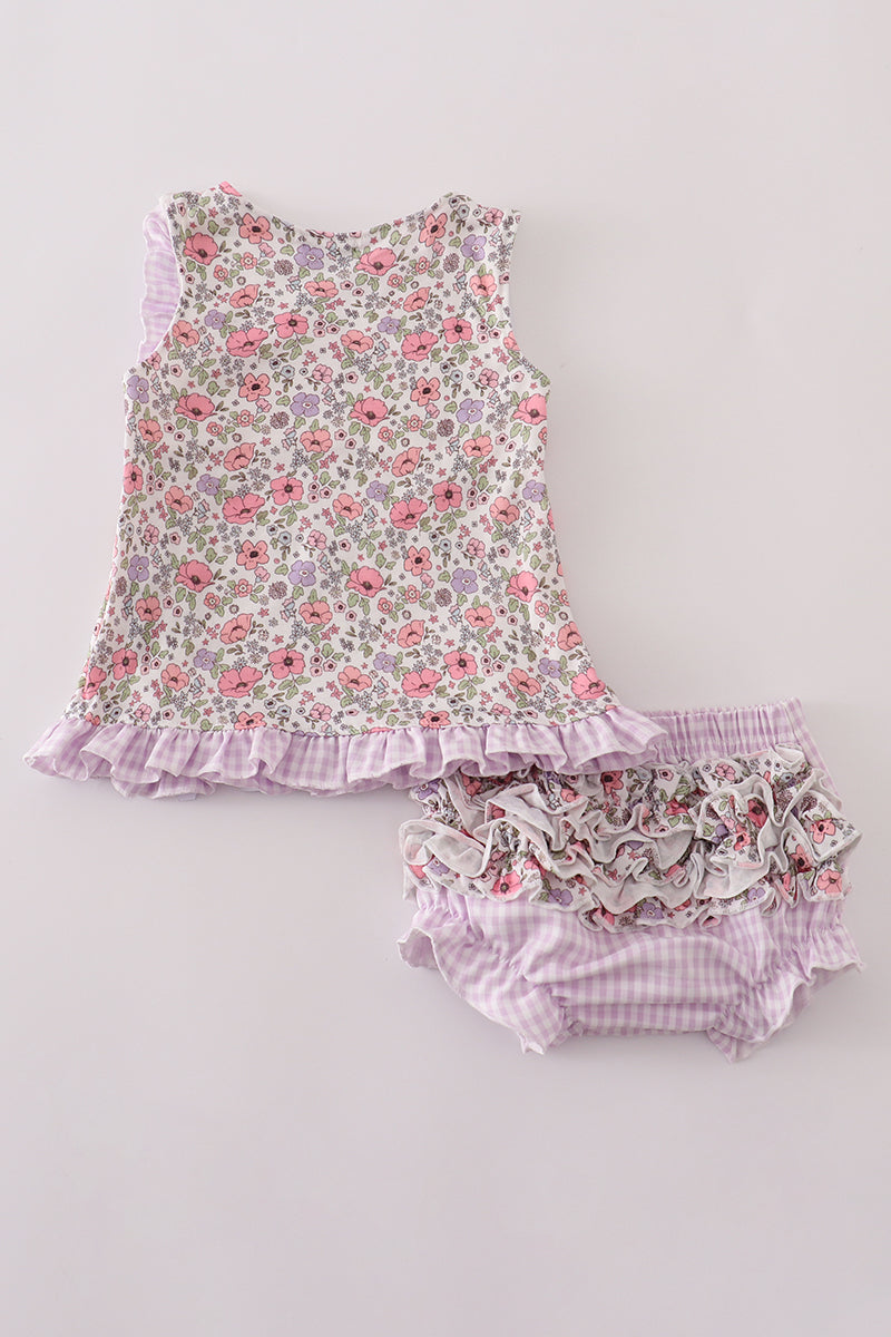 Purple floral print ruffle bloomer set