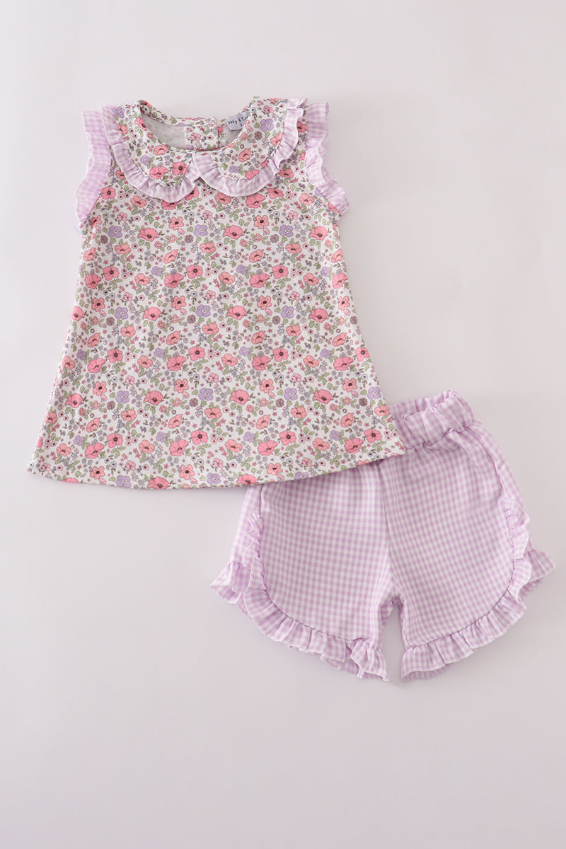 Purple floral print ruffle shorts set