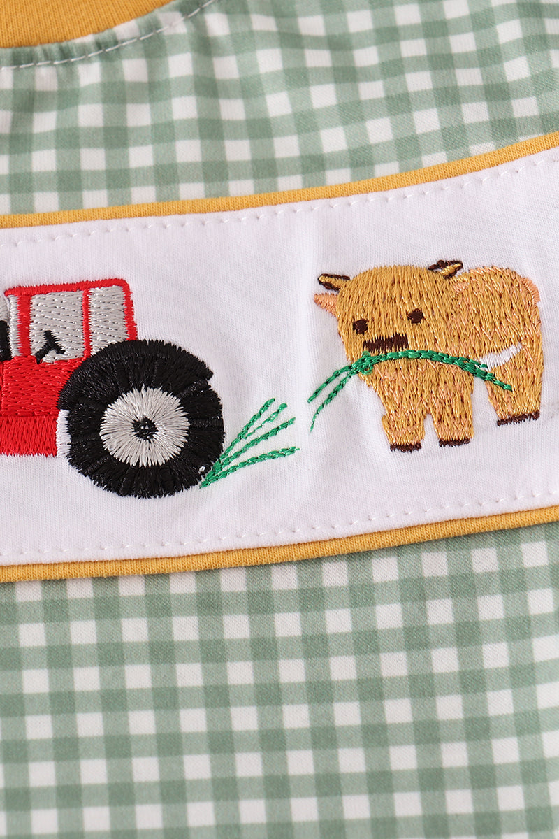 Highland cow embroidery gingham romper