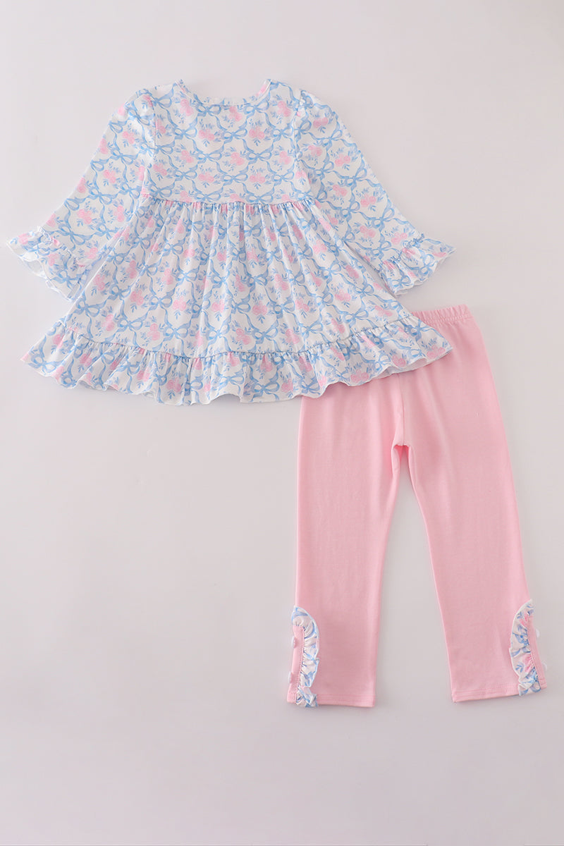 Blue floral bow print ruffle pants set