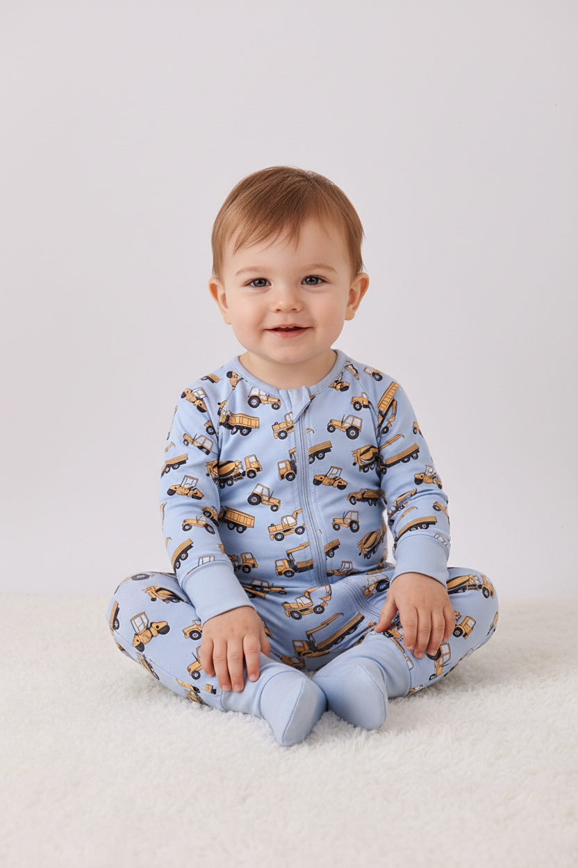 Premium blue excavator print bamboo romper