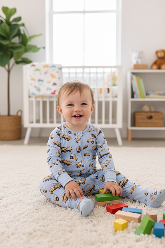 Premium blue excavator print bamboo romper
