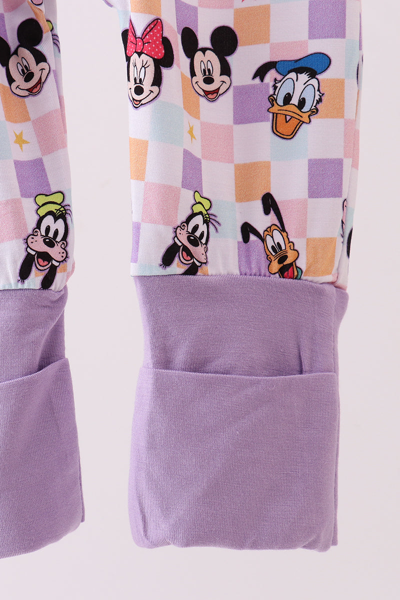 Premium purple character print checkered bamboo romper