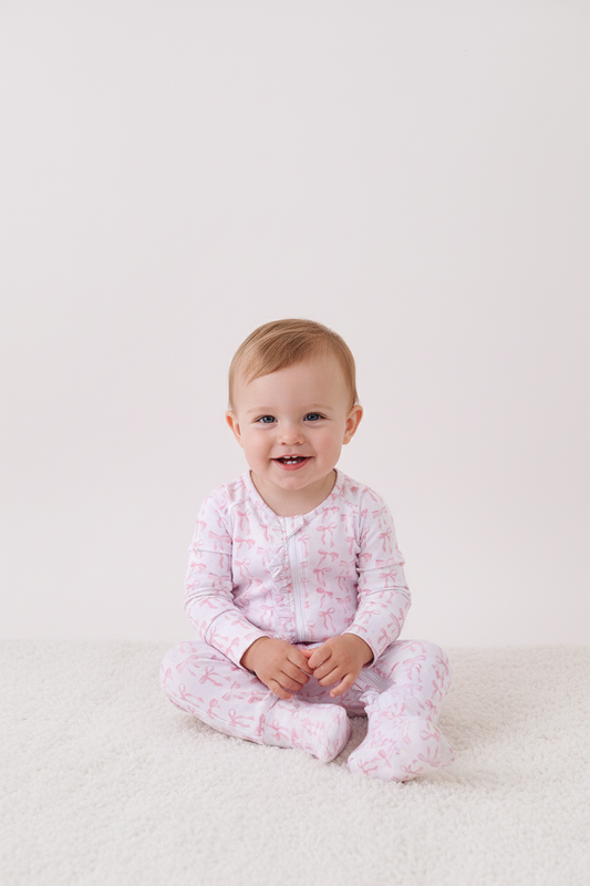Premium tiny bow delight ruffle bamboo romper