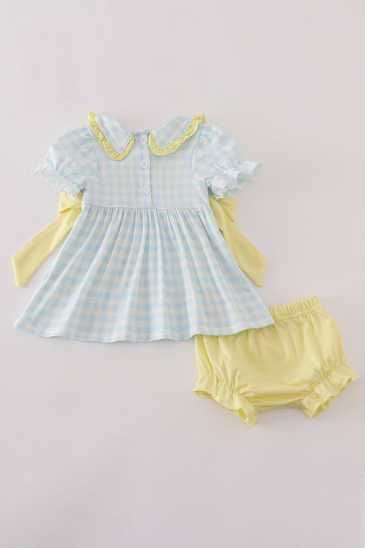 Blue character embroidery gingham bloomer set