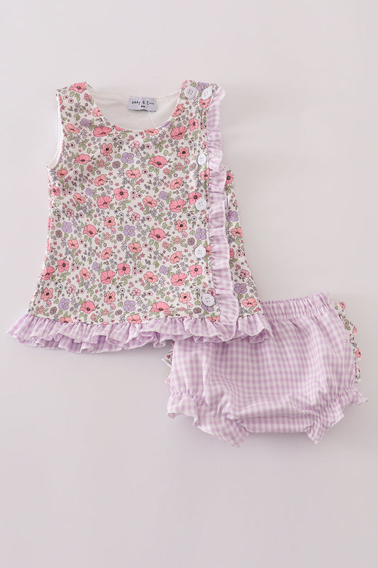 Purple floral print ruffle bloomer set