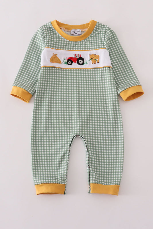 Highland cow embroidery gingham romper