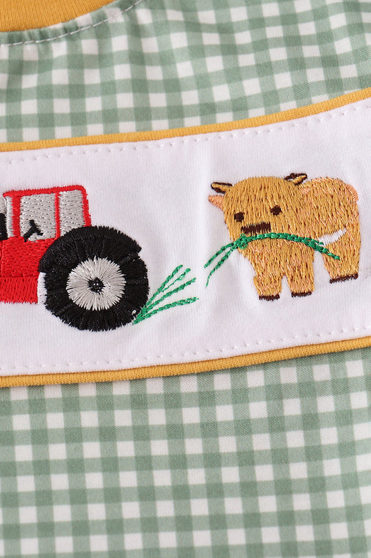 Highland cow embroidery gingham romper