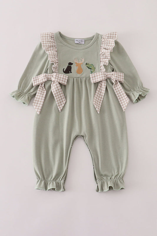 Blue dog deer embroidery ruffle romper