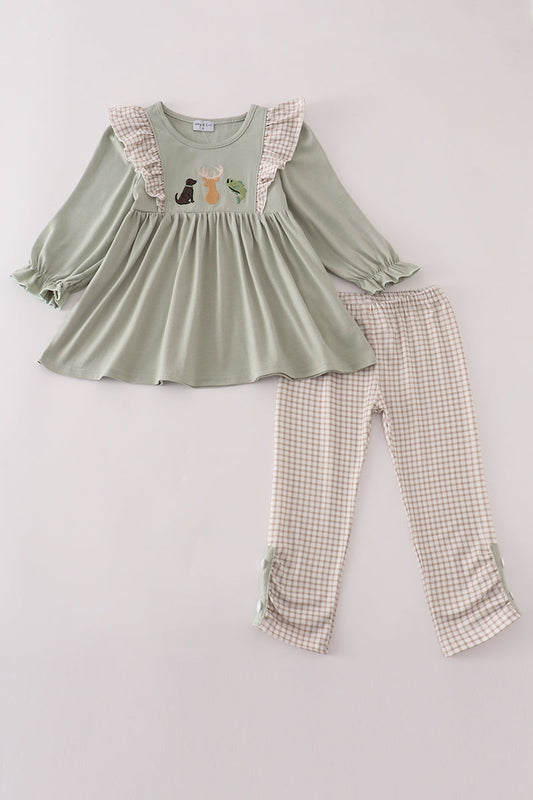 Blue dog deer embroidery ruffle pants set