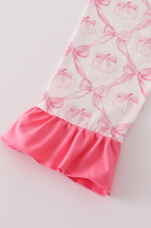 Pink bow tie pumpkin print ruffle pajamas set